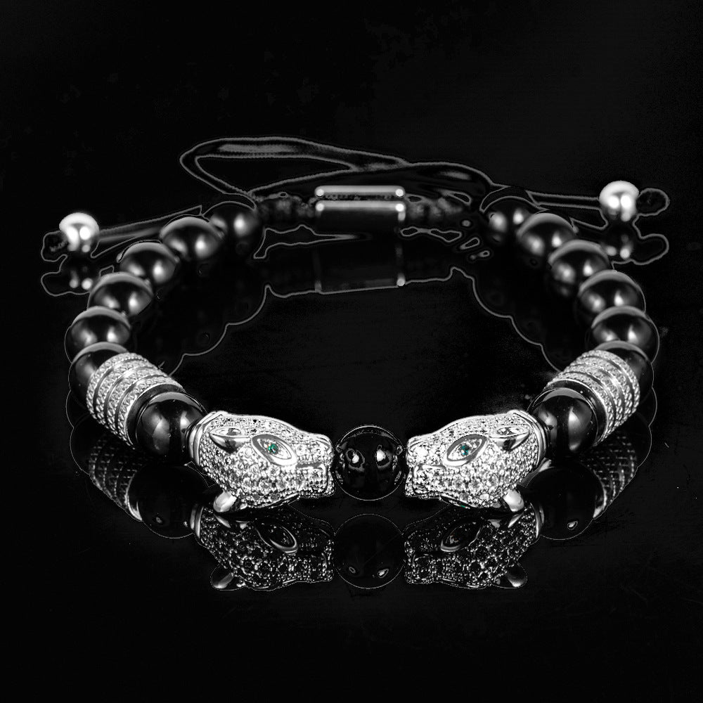 Men's Black Double Leopard Head Braided Stainless Steel Roman Numeral Bracelet Suit