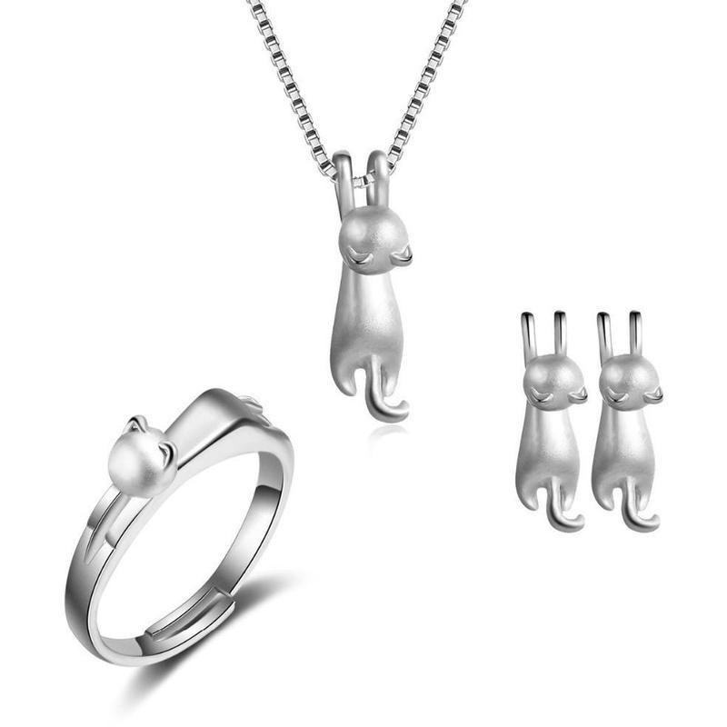 Niedliches Katzen-Schmuckset - Ring - Ohrringe - Halskette