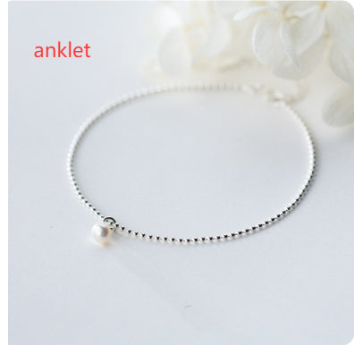 Tobillera femenina estilo coreano simple, con cuentas ligeras, pequeña bola de plata, tobillera de perlas