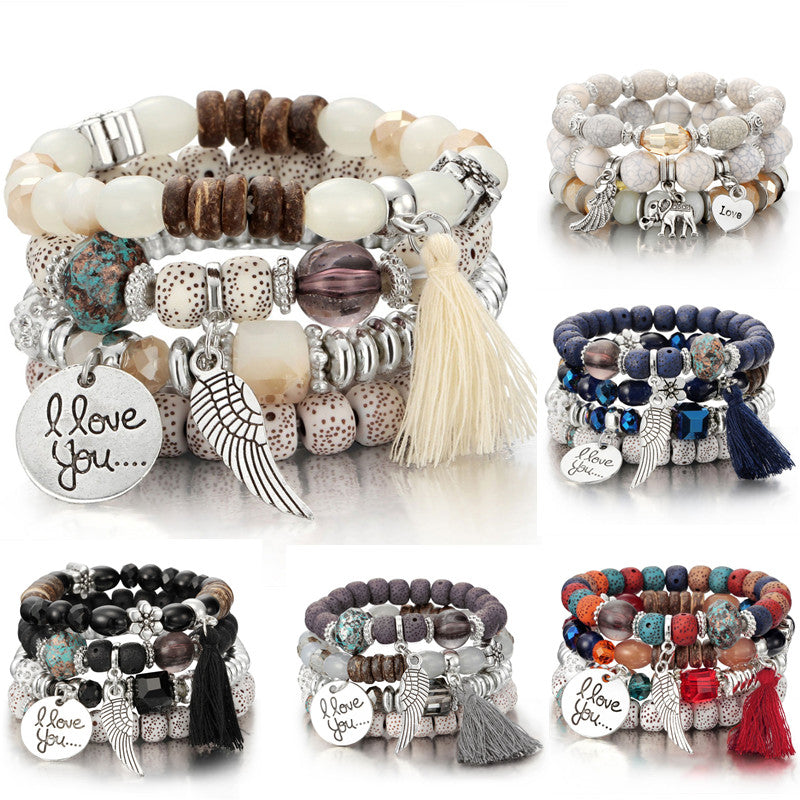 Moda multicapa de cristal de lava cuentas con alas y borlas pulseras y brazaletes Pulseras Mujer Joyería para regalo de mujer