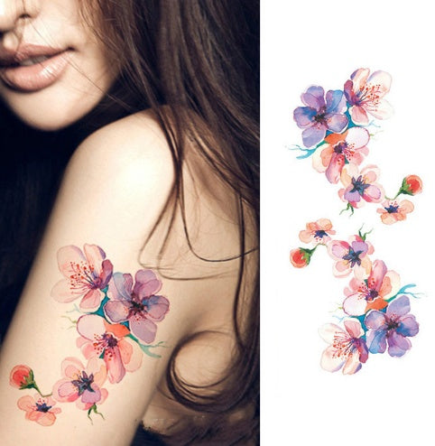 Pegatina de tatuaje de flores, boceto a color, pegatina de tatuaje de flores, peonías, rosas, ciruelos, pegatina de tatuaje