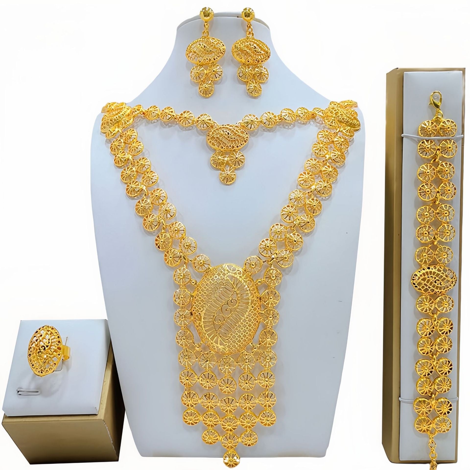 Traje de joyas de oro, collar, pulsera, pendientes y anillo de boda nupcial árabe