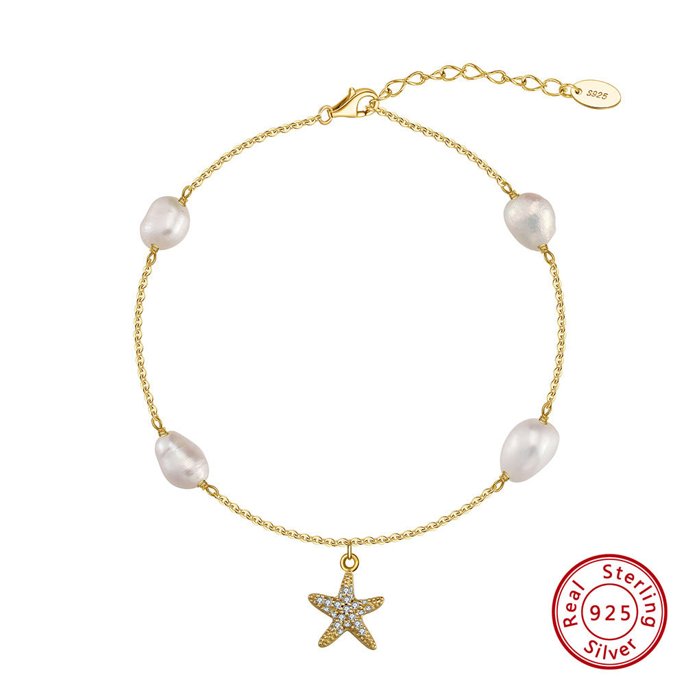 S925 Sterling Silber Strandstil Perlen Fünfstern Anhänger Fußkette