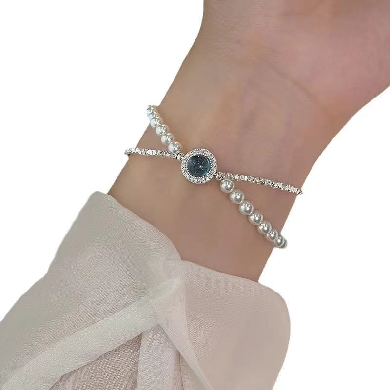 S925 Sterling Silver Aquamarine Small Pieces Of Silver Shijia Pearl Bracelet For Women