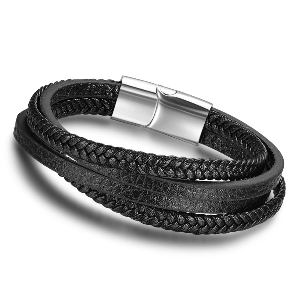 Pulseras y Brazaletes de Acero Inoxidable para Hombre, Pulseras de Cuero Trenzado, Cierre Magnético, Joyería Masculina Nueva