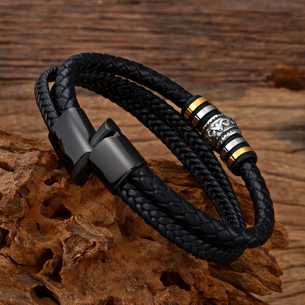 Pulsera de cuero DIY multicapa de acero inoxidable para hombre