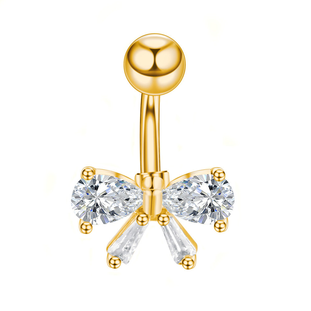 Pendiente de ombligo con incrustaciones de circón en forma de lazo, de acero inoxidable, para piercing corporal