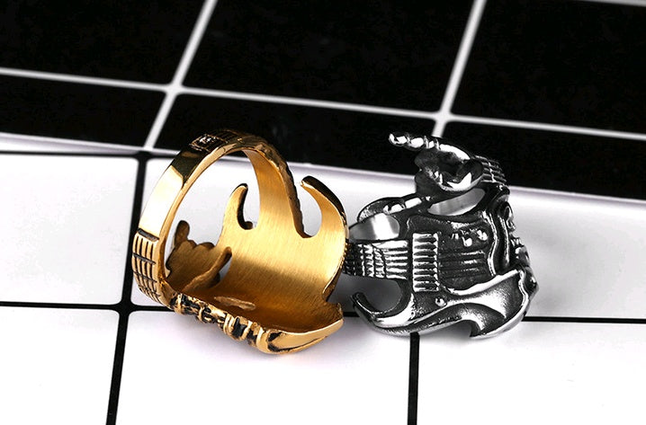Anillo de acero de titanio para hombre, estilo rock, hip hop, calavera, guitarra, gesto de victoria, instrumento, anillo individual
