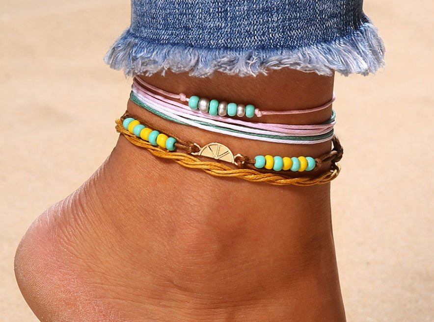 Tobilleras con abalorios hechas a mano con cuentas de semillas de colores del arcoíris, estilo océano-playa