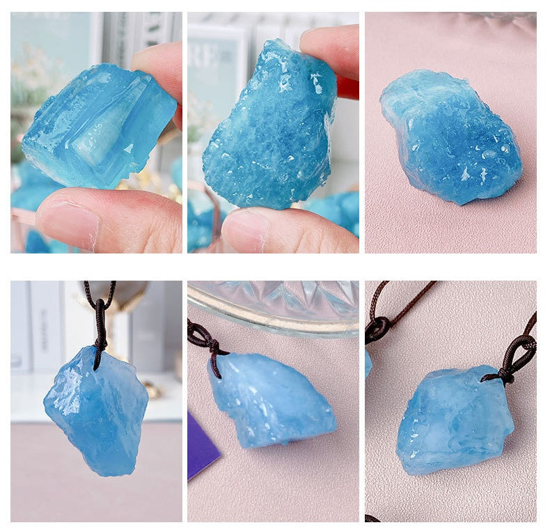 Eis-Aquamarin-Kristall-Rohstein-Anhänger, handgewebte Pulloverkette