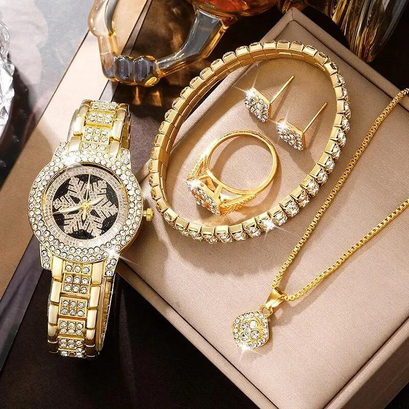 Reloj con diseño de copo de nieve, joyería de lujo con diamantes de imitación, juego de cinco piezas