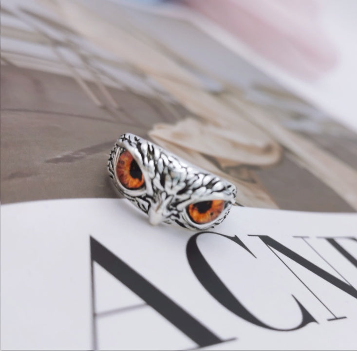 Anillo de búho con ojo de demonio vintage a la moda para mujer, anillo de animales retro, joyería de color plateado