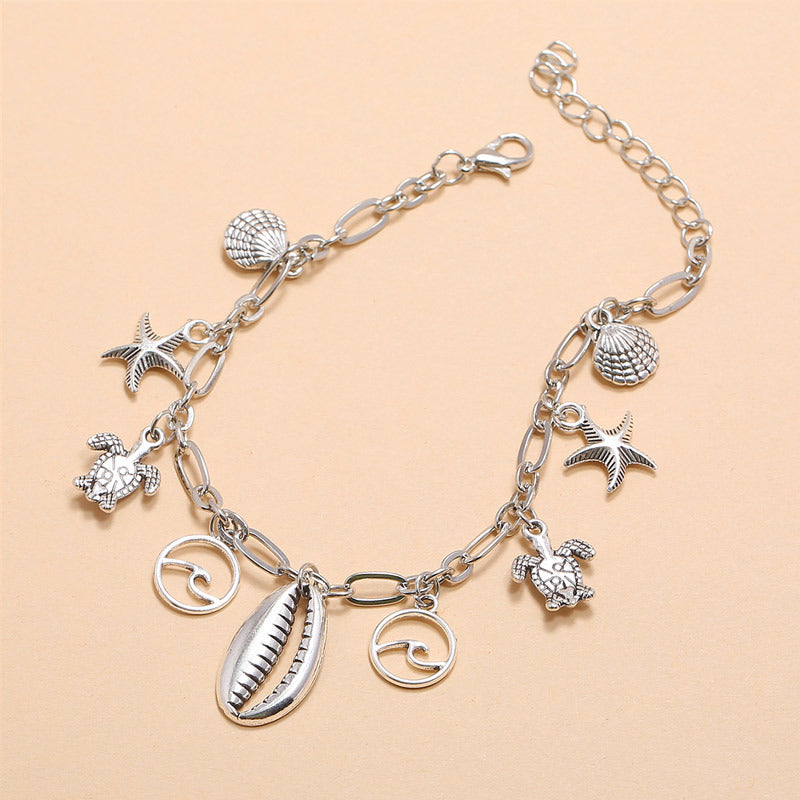 Tobillera con colgante de estrella de mar, ola, concha y tortuga, de la serie Beach Ocean