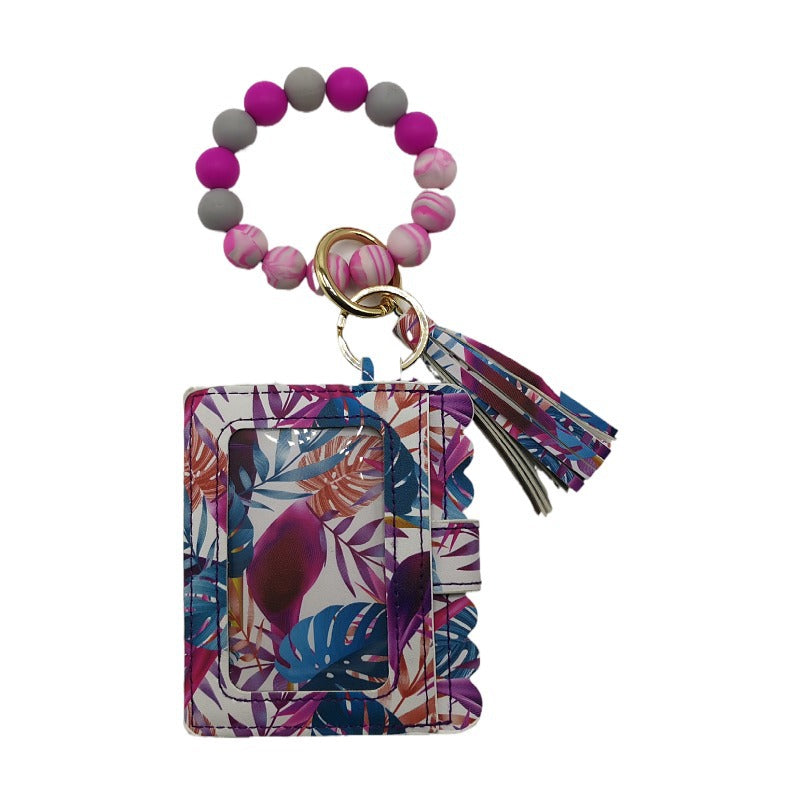 Llavero de pulsera de cuentas de silicona con estampado de leopardo