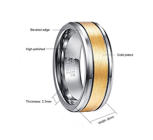 Herren 8mm Goldfarben gebürstet in der Mitte, zwei Rillen, Wolframcarbid-Eheringe, abgeschrägte Kante