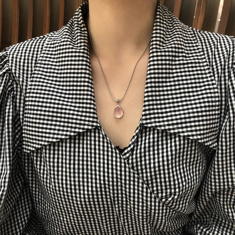 S925 Sterling Silber Puder-Kristall-Anhänger Halskette Damen Vielseitige Tropfenförmige Eis-ähnliche Rosenquarz Schlüsselbeinkette