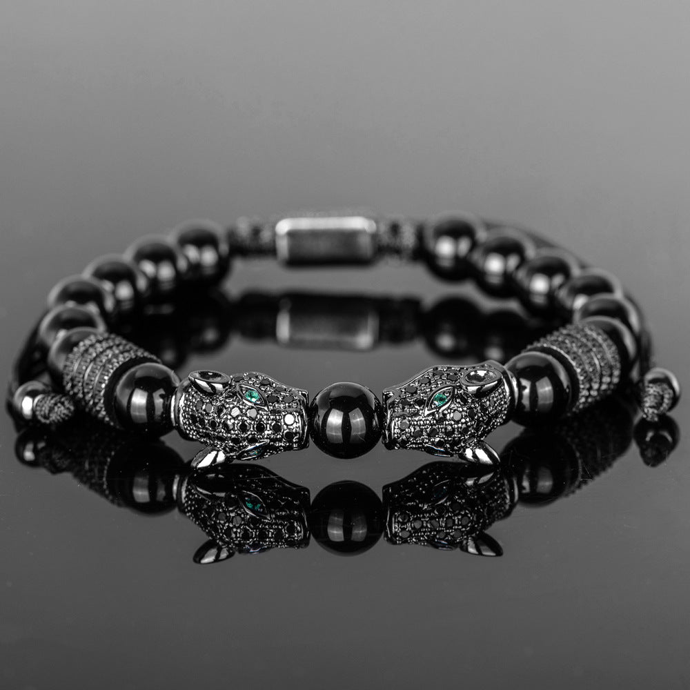 Men's Black Double Leopard Head Braided Stainless Steel Roman Numeral Bracelet Suit