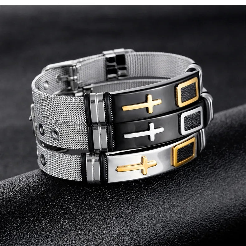 Herren Verstellbares Armband 3D Kreuz Edelstahl Mesh-Kettenarmbänder Armreifen