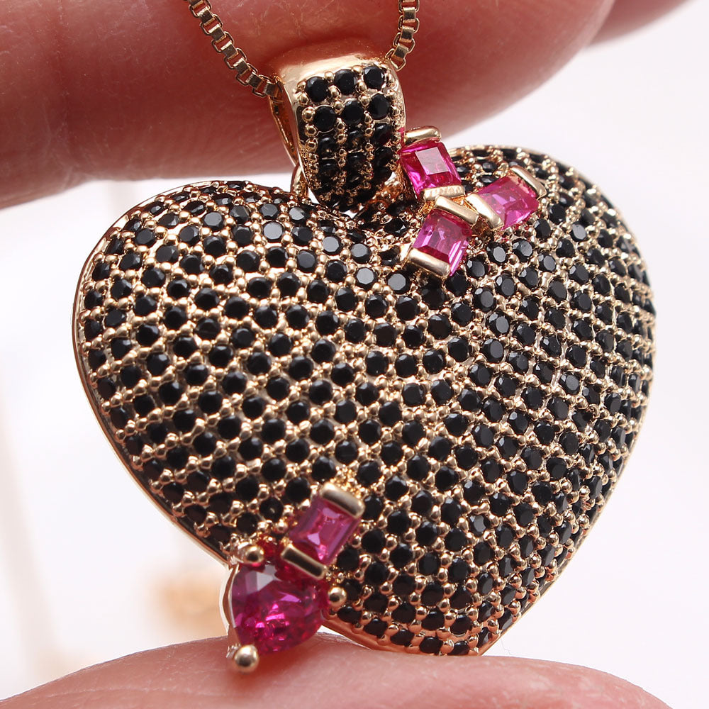 Collar AAA de circonita completa para mujer, chapado en oro real, cobre, corazón de melocotón, joyería