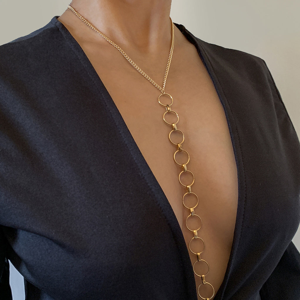 Collar de cadena de anillos redondos, cadena para el cuerpo de mujer