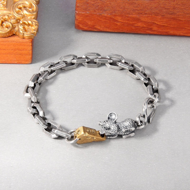 Pulsera de ratón vintage envejecida de plata de ley