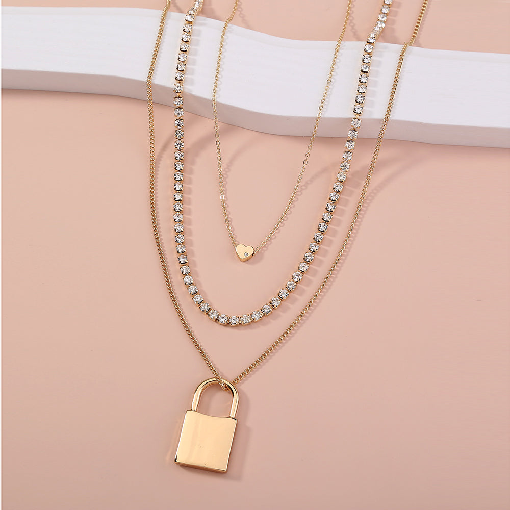 Fashion exaggerated personality lock pendant multi-layer Diamond Gold Necklace woman