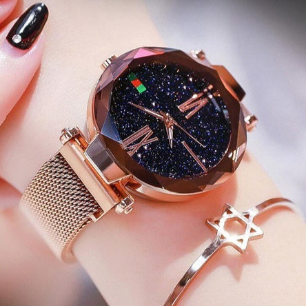 Reloj de mujer de cielo estrellado con correa de malla magnética y cuarzo de diamantes