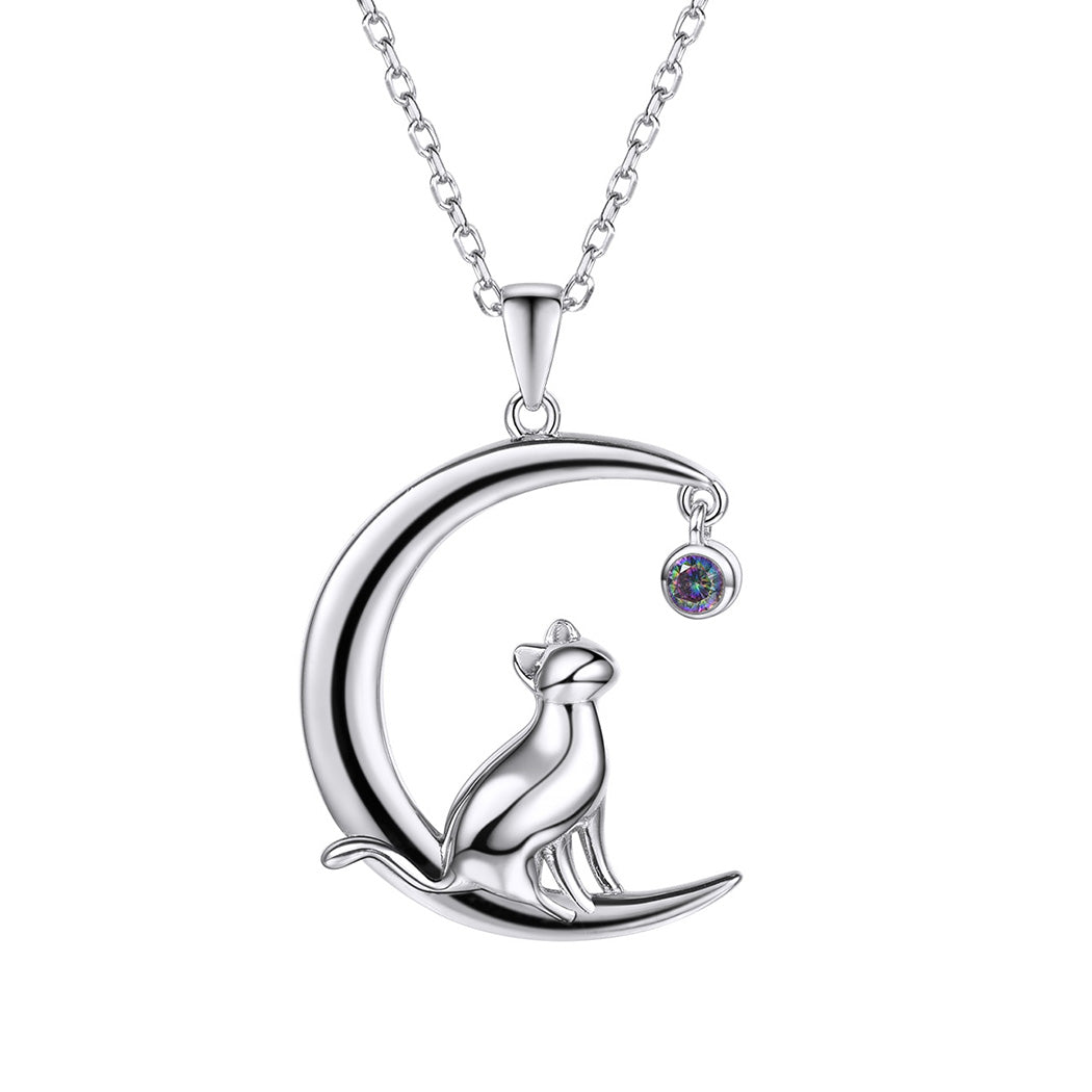 925 Silver Moon Cat Necklace Clavicle Chain Female Simple Korean Trendy Topaz Pendant