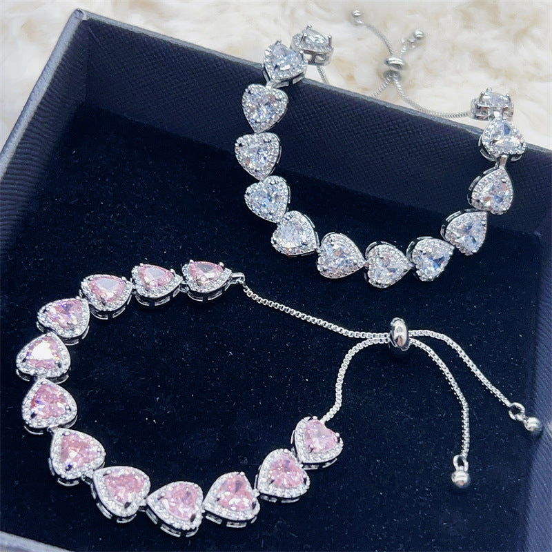 Peach Heart Full Rhinestone Zircon Bracelet For Women