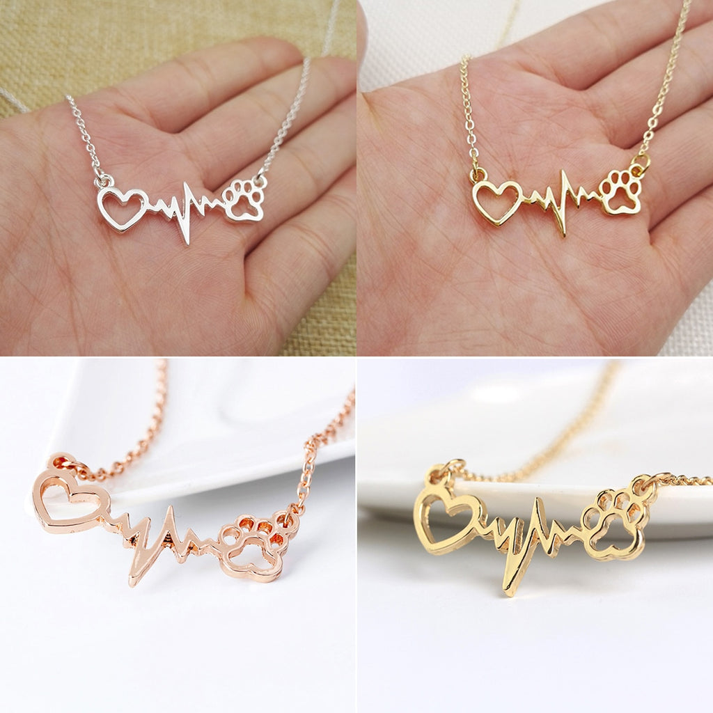 Cute Animal Vintage Jewelry Necklaces Silver Love Cats And Dogs Paws Love Heart Heartbeat Necklace Paw Print Pendants Neckalce