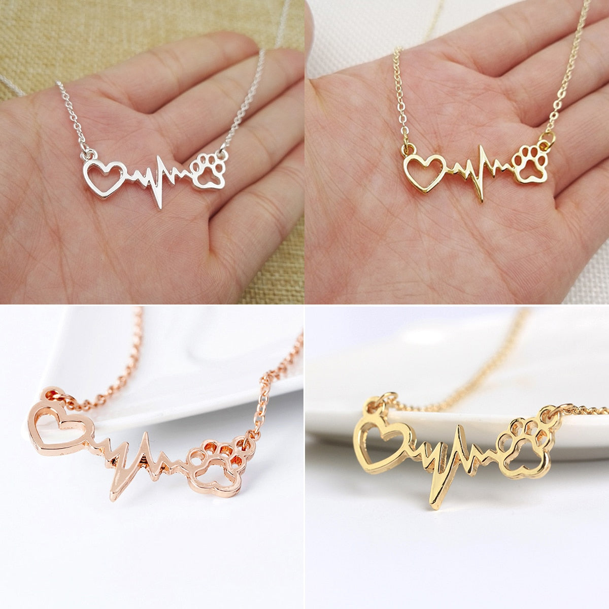 Cute Animal Vintage Jewelry Necklaces Silver Love Cats And Dogs Paws Love Heart Heartbeat Necklace Paw Print Pendants Neckalce