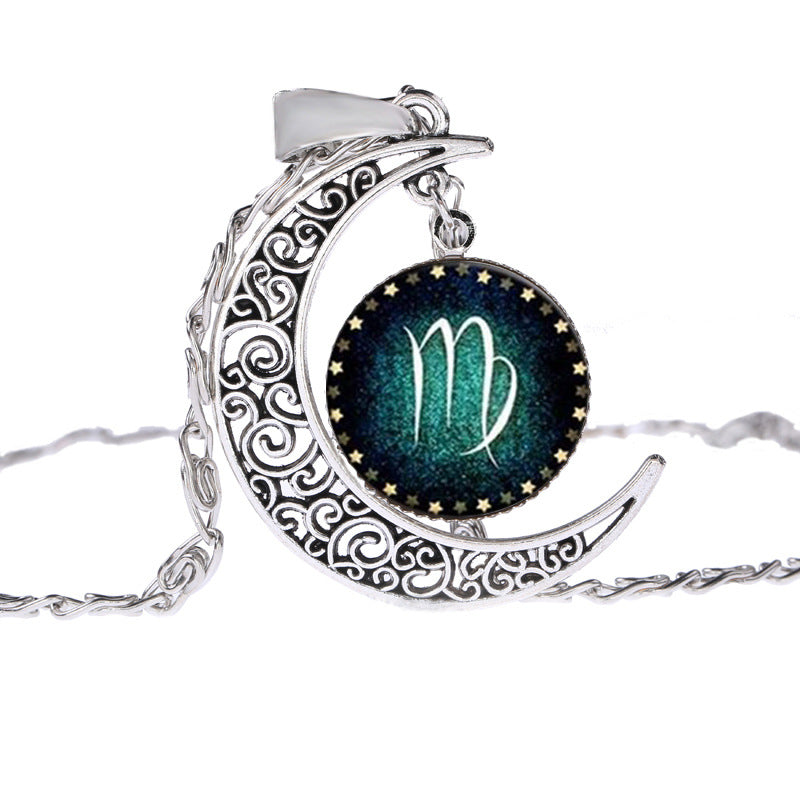 Vintage Schmuck Silberfarben mit Sternzeichen Glas Cabochon Choker Halbmond Anhänger Lange Halskette für Damen Weihnachtsgeschenk
