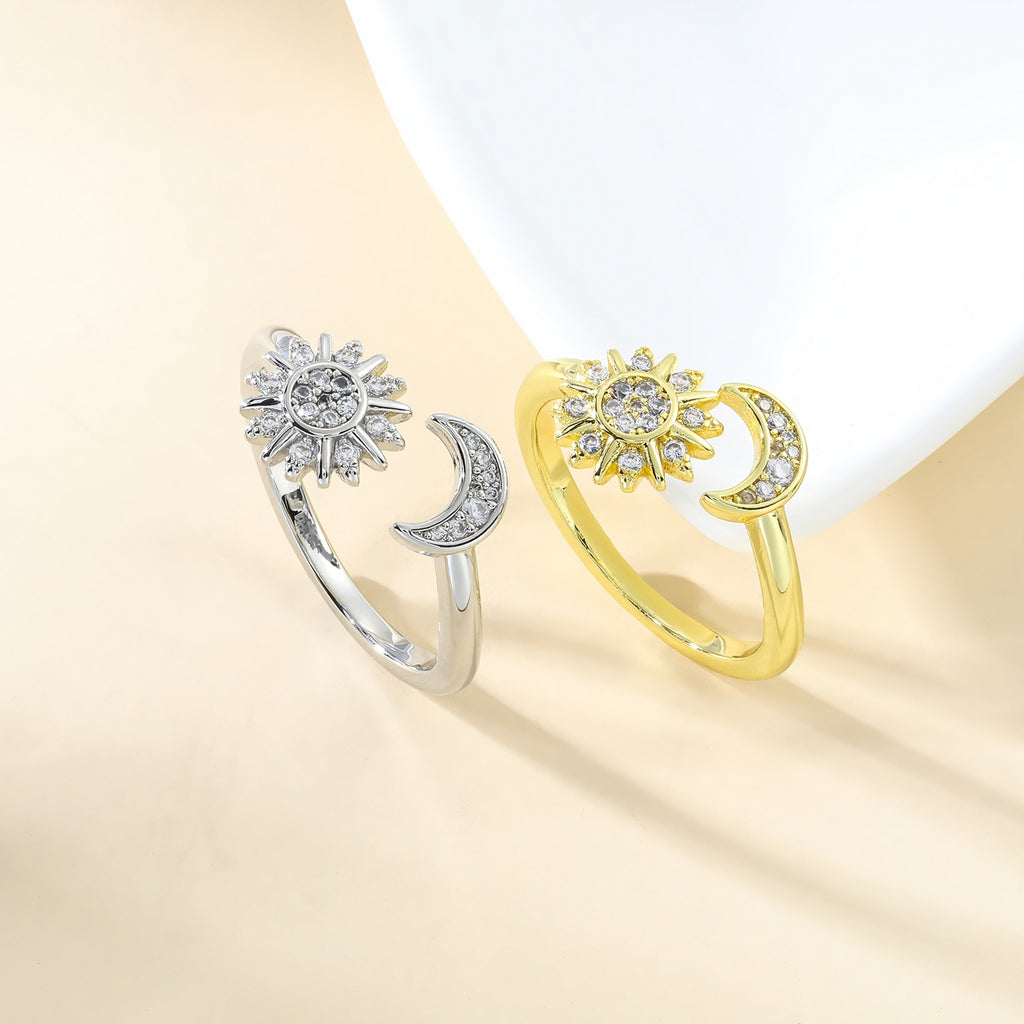 Anillo Abierto Ajustable de Estrella y Luna con Diamantes de Imitación, Anillos de Pareja con Personalidad de Moda para Joyería de San Valentín
