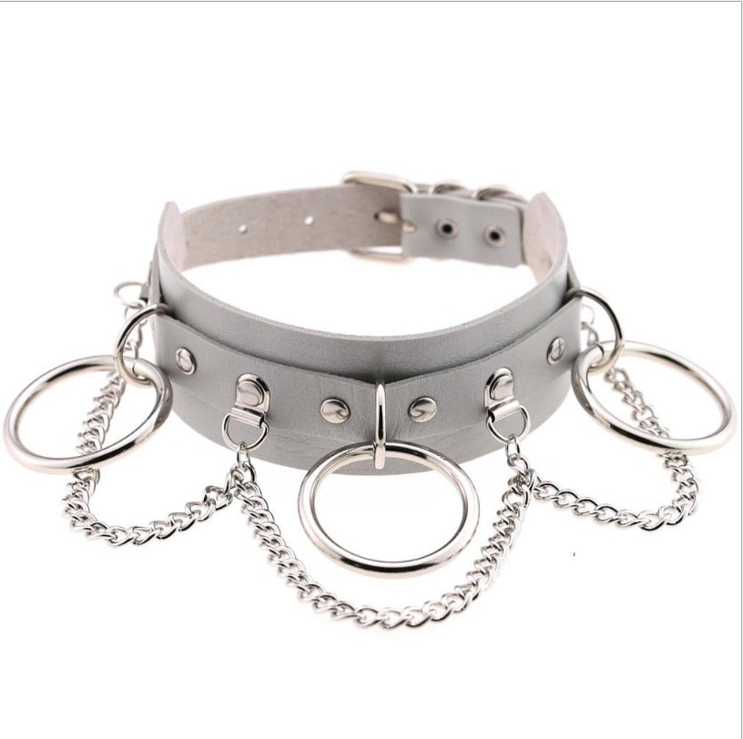 European and American style personality exaggerated PU leather collar necklace Punk street shooting nightclub O-ring chain clavicle chain neck collar