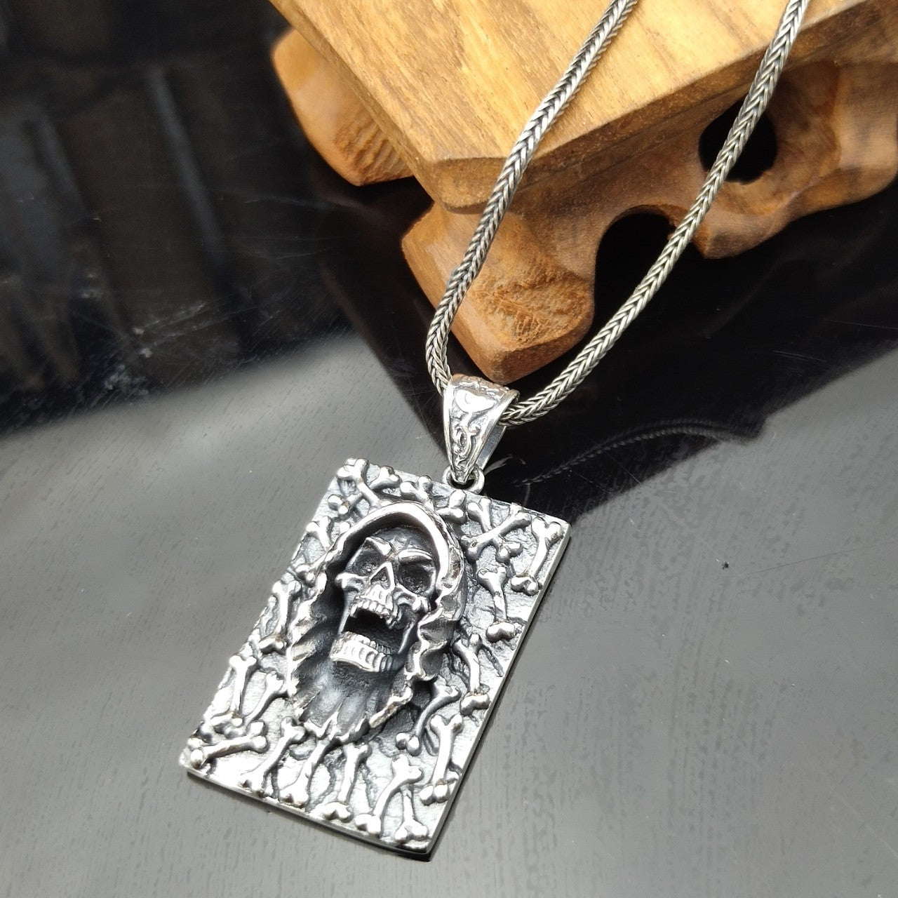 Vintage Lanyard Sterling Silber Totenkopf Herren Halskette