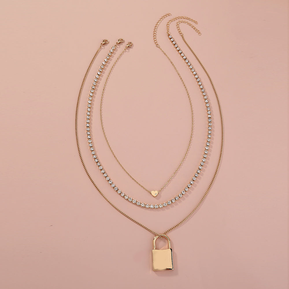 Fashion exaggerated personality lock pendant multi-layer Diamond Gold Necklace woman