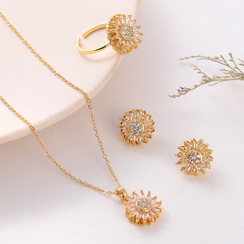 Klassischer Charme Sonnenblume Blume Edelstahl Halskette Ohrringe Mode Exquisiter Mikro-Samen Schmuck Ring