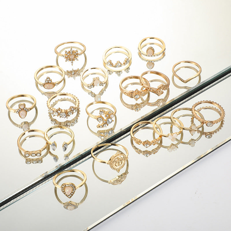 Retro hohler Stern tropfenförmiger Ring Set Kombination 19 Sets