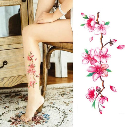Pegatina de tatuaje de flores, boceto a color, pegatina de tatuaje de flores, peonías, rosas, ciruelos, pegatina de tatuaje