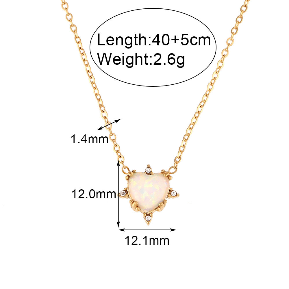European And American Fashion Retro Popular Bracelet Ear Studs Stainless Steel Gold-plated Peach Heart Opal Necklace