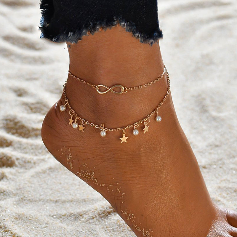 Tobillera de perlas con estrella de cinco puntas y 8 letras