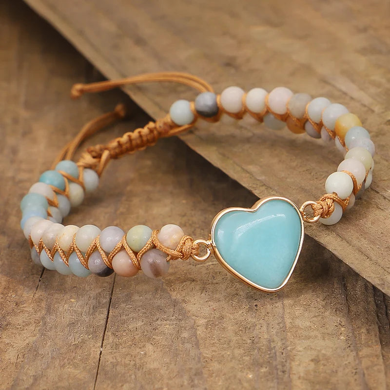 Klassische Herzform Charms Armbänder Amazonit Schnur Geflochtenes Makramee Armband Teengirls Wickelarmband Damen Schmuck