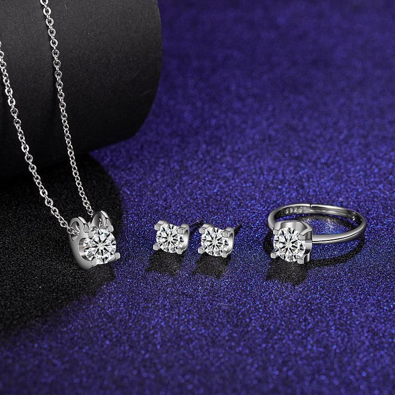 Sechs-Krallen-Moissanit-Ring-Ohrstecker-Halskette Damen-Schmuckset