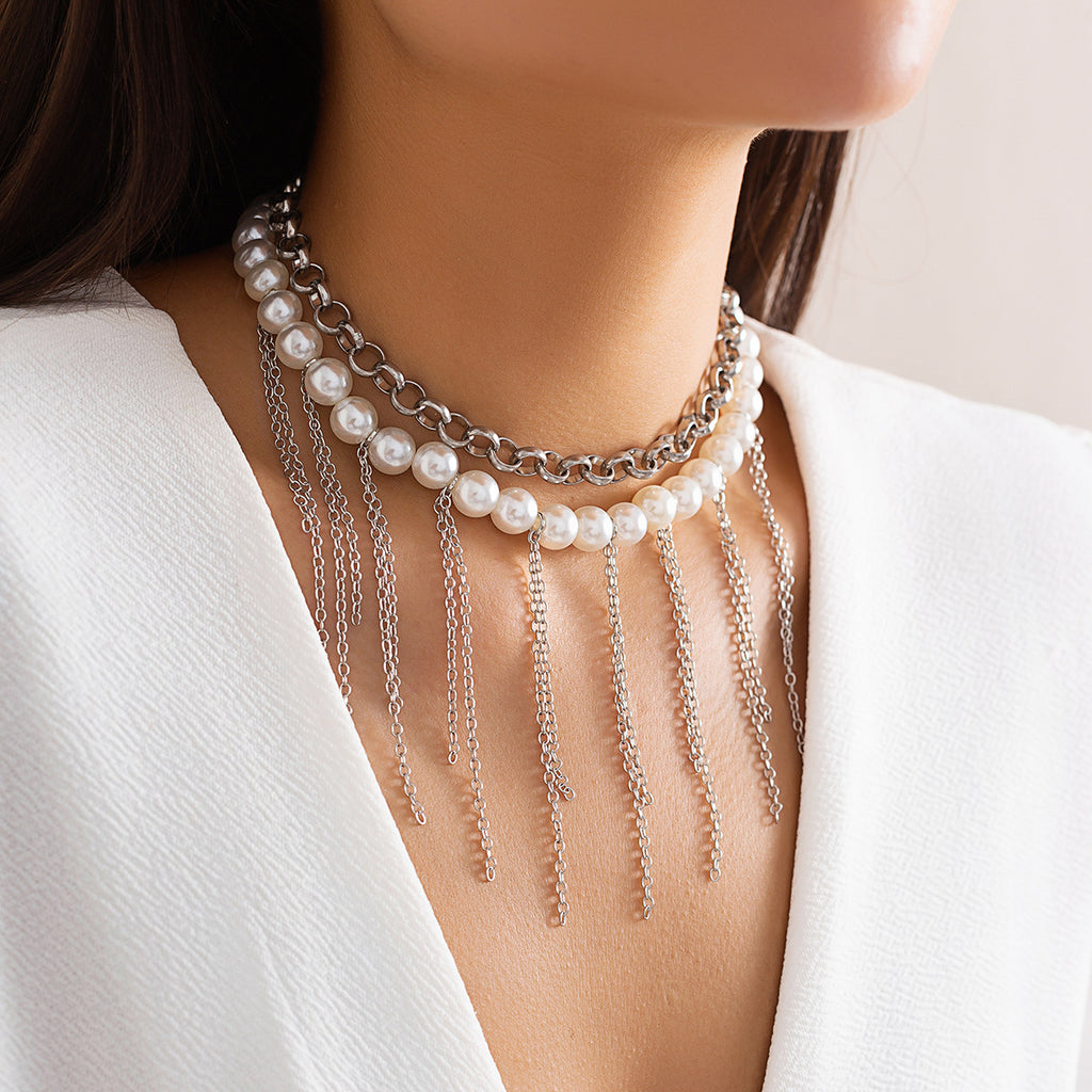 Perlenquaste Lustiges Design Doppellagige Retro-Halskette Damen Accessoires