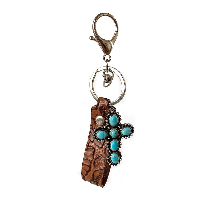 Llavero Retro Grabado Cuero Vacuno Estilo Western con Colgante de Flores de Calabaza Turquesa