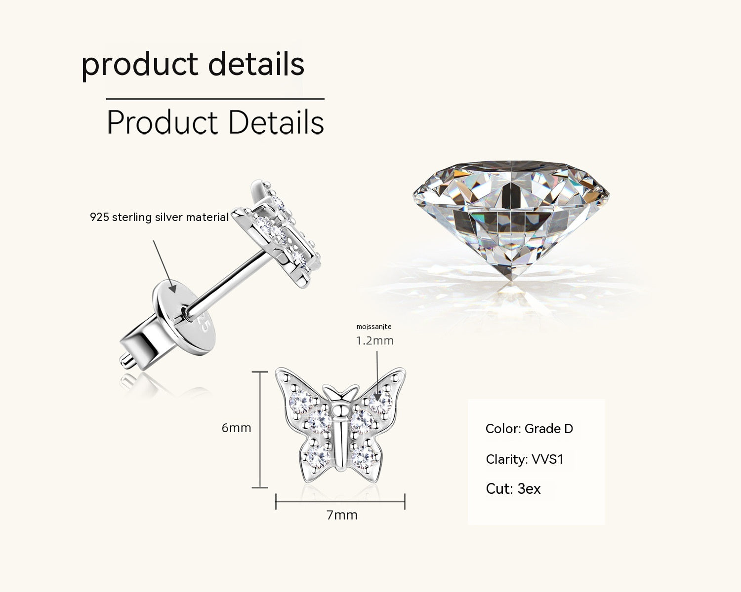 Pendientes de mariposa coreana Moussan Diamond S925 Joyería de plata Zeng