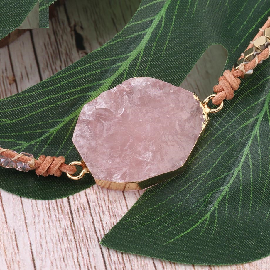 Pulsera de Piedra Natural Pulseras de Cuarzo de Cuero para Mujer con Cuentas de Piedras Preciosas Rosas Joyería 5 Hilos