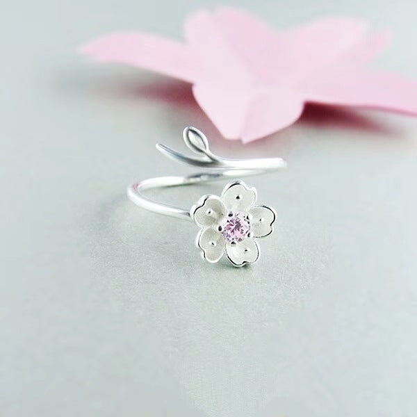Anillo de plata S925 con diseño de rama de árbol y flor, bonito y elegante.