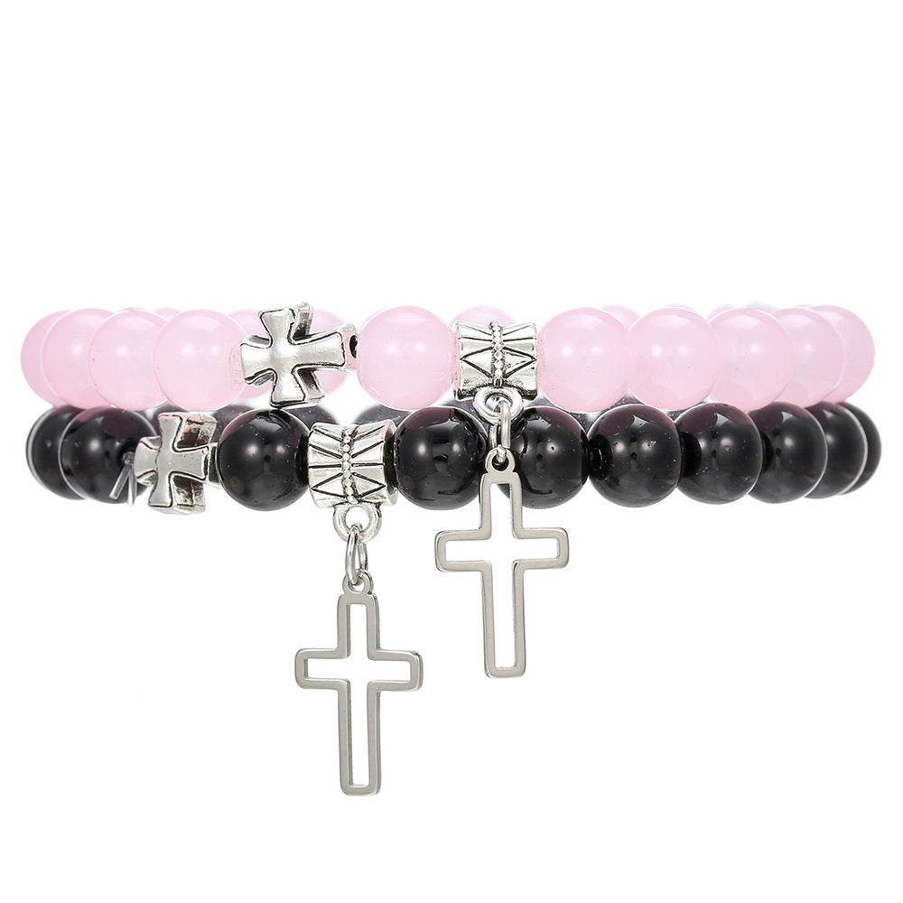 Pulsera de la amistad con cruz para parejas, pulsera de cuentas de vidrio para mujer