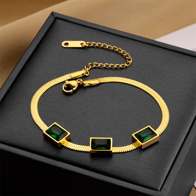 Einfaches quadratisches grünes Zirkon-Titanstahl-Halsketten- und Armbandset